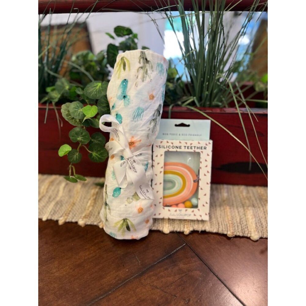 NWT Loulou Lollipop Swaddle‎ and Teether Gift Set Cactus Floral and Rainbow